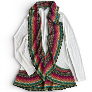 Double Zero M White Vibrant Rainbow Crochet Trim Shawl Open Front Cardigan Boho